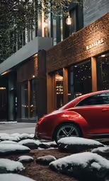 a red car sits on the street with snow covering it