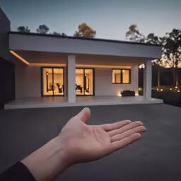 a hand that is holding out to someone in front of a house