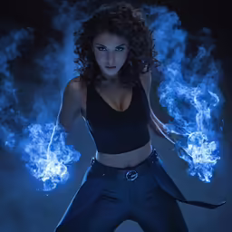 the woman is dressed as she is juggling blue fire