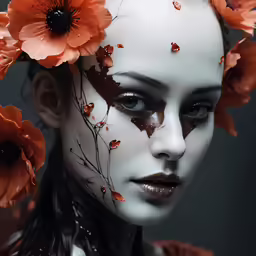 a woman with flower in her hair and makeup