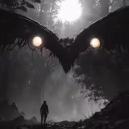 a man standing in a forest under a huge bird