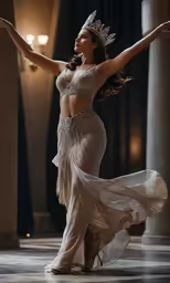 a woman wearing a gold and white belly dance costume