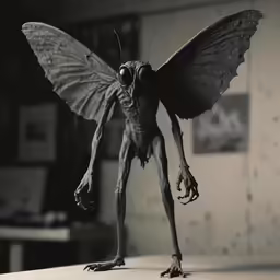 an alien figure walking in a black and white photo