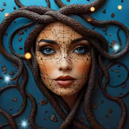 the woman is wearing a head with many snakes in it