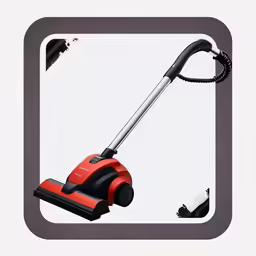 a black and red floor vacuum on a grey background