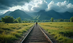 a person standing on train tracks in a mountain field