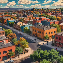 aerial shot of city area with cars and trees