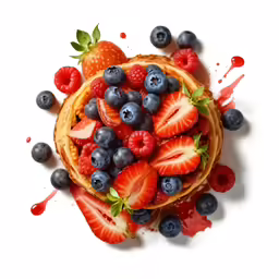 a cake with strawberries and blueberries sits in the center of it