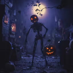 a creepy skeleton and two pumpkins sitting on the ground