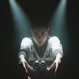 a girl is holding a camera with two hands and a spotlight on the background