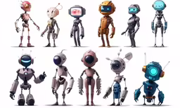 a bunch of robot in various positions posing for pictures