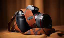 a camera has an orange strap on it