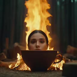 a woman with her face peeking through a mug sitting in front of a fire