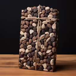 a brown package wrapped in chocolate rocks on top of a wooden table