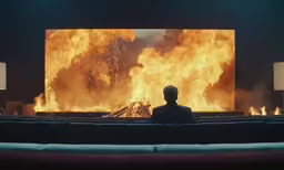man sitting in front of the tv surrounded by large flame