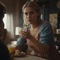 a woman in an apron sits with a man at a table