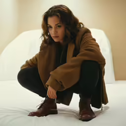 a woman in a brown jacket sitting on a bed