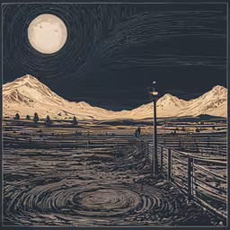 a wooden bridge with a fence and mountains in the background,a fence in front of mountains with a moon