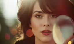 a woman with red lips and bright hair looks at her mirror