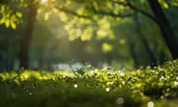 sunlight through the trees is shining brightly on the grass