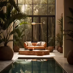 a couch that is next to a swimming pool