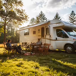 a woman sitting on a bench in front of a camper