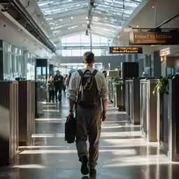 a man walking down an airport walkway carrying luggage