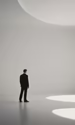a man in a black suit stands looking towards a large circle