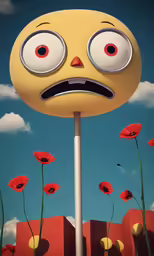a yellow cartoon figure that is sitting in front of flowers