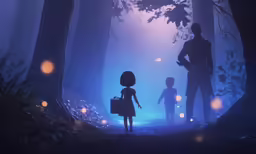 the children are walking through the dark forest