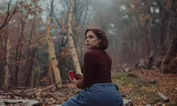 a woman wearing jeans and a burgundy sweater is standing in a wooded area holding a glass