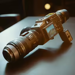 a large camera on the table is showing off its flash