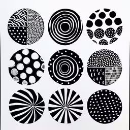 an image of black and white artwork in various circles,six black and white circles with black dots