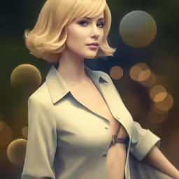 a blond woman in a beige blouse on a green blurry background