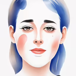 an artistic portrait of a young girl with blue hair and red nose