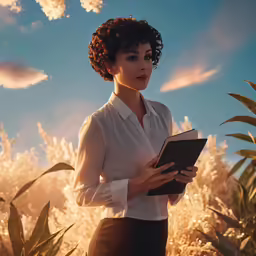 a woman standing outside in front of a book and clouds