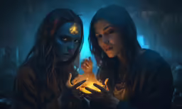 two girls in a scene with glowing eyes and glowing arms