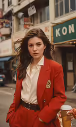 a woman wearing a red suit holding a cup of coffee