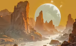 a river runs through the rocks under a yellow sky