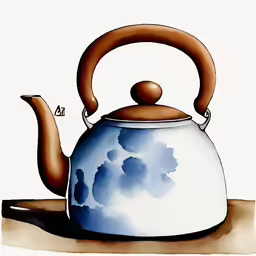 an ink drawing of a blue tea kettle