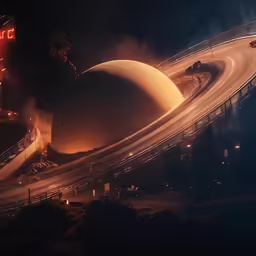 an artwork work showing two massive structures in the sky
