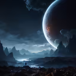 a large planet with two people on the side
