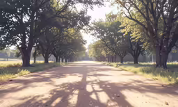 the shadow of trees cast on the paved road