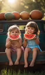 two kids sitting on a truck eating watermelon