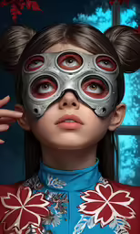 a girl with a mouse hair is wearing a metal mask