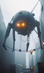 a giant spider is in the air above a city street