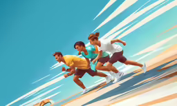 a digital painting of people running together across the beach