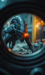 looking through the lens at an alien - like creature holding a hammer