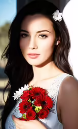 a woman holding a bouquet of red flowers
