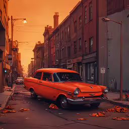 a small orange old car parked on a street,an orange car is parked on the side of a street